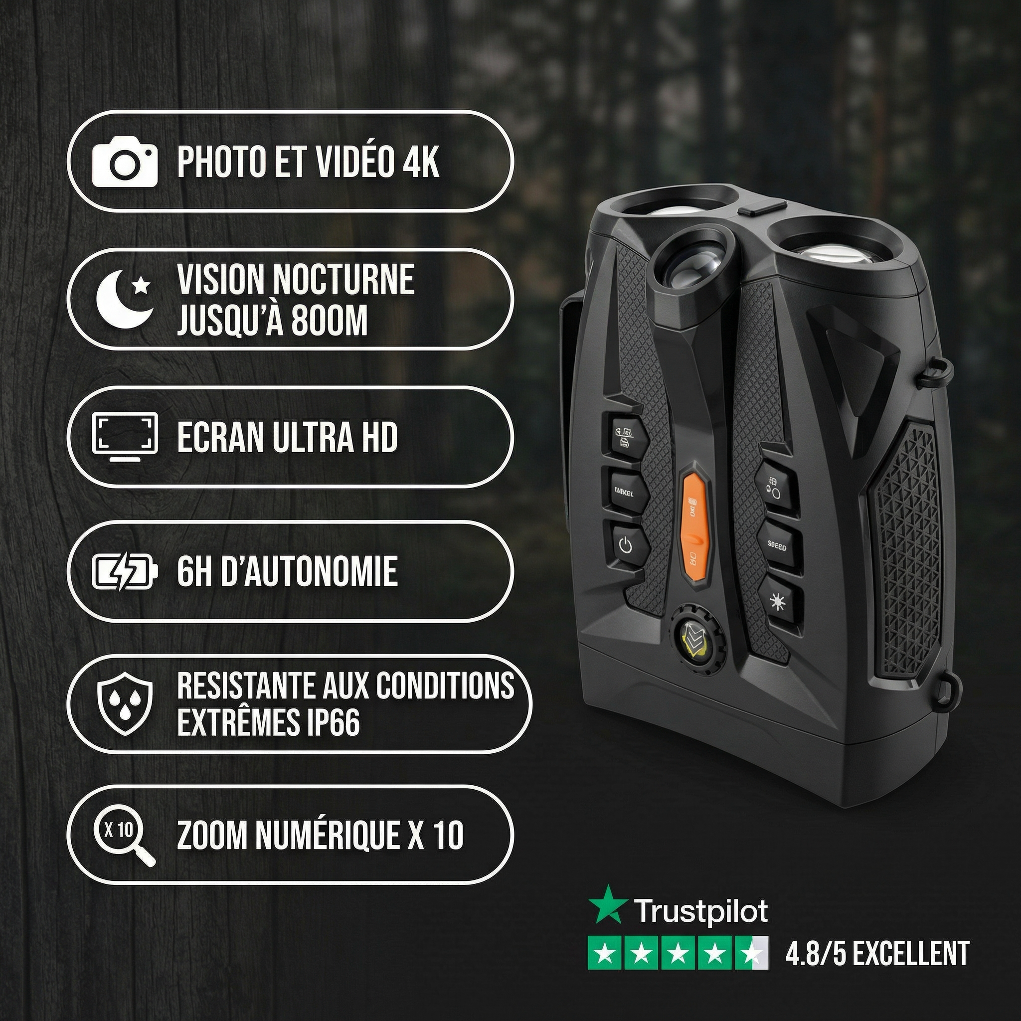 Jumelles Vision Nocturne Numérique | Vision Nocturne 800m - 4K | 6h Autonomie