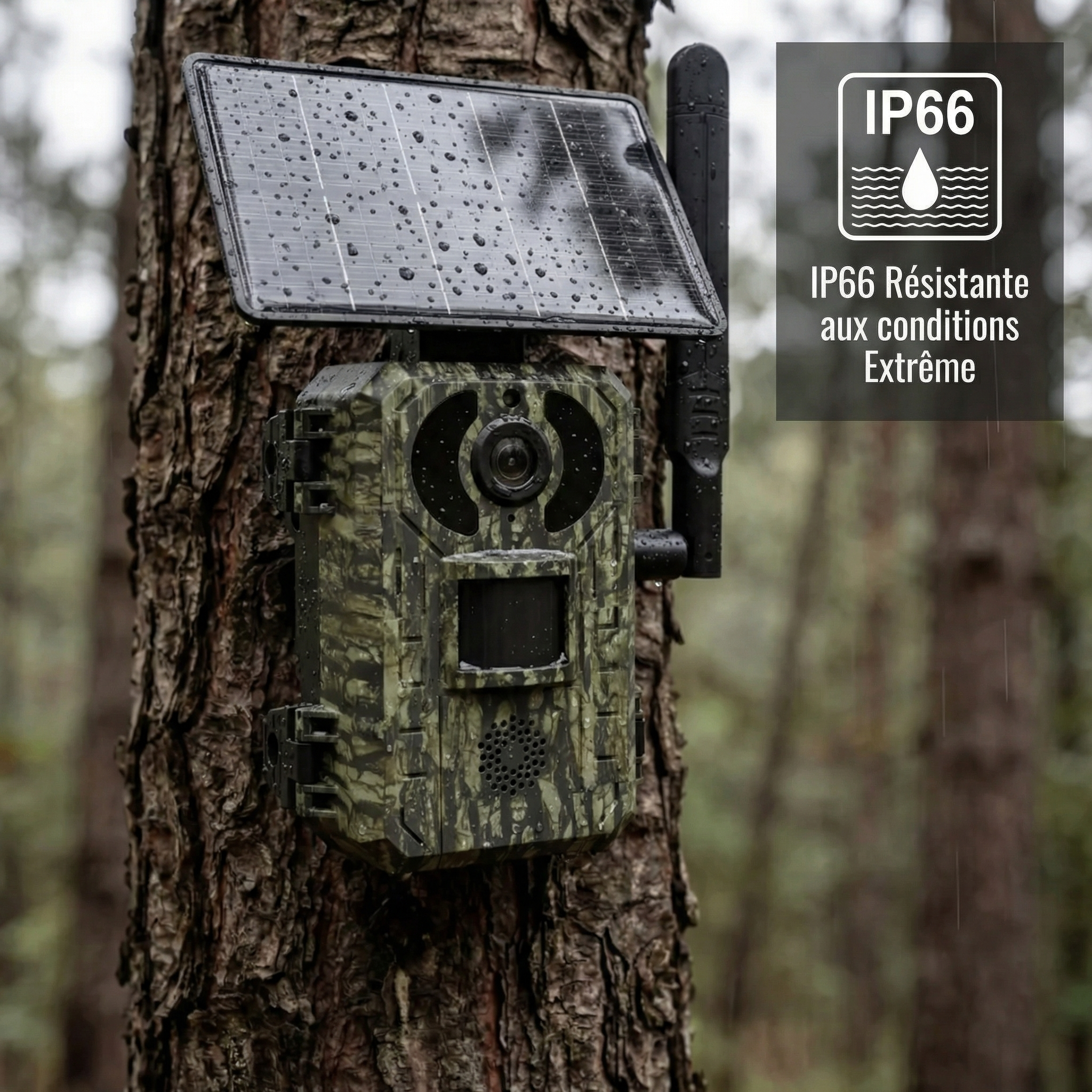 Caméra de chasse 4G solaire fixée sur arbre en forêt boîtier camouflage étanche IP66