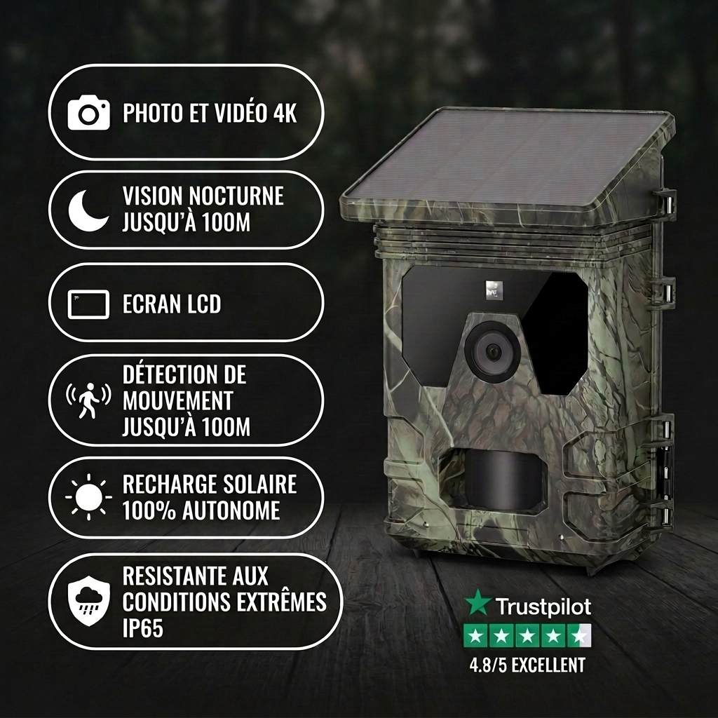 Caméra de Chasse Solaire 4K Écran LCD Vision Nocturne 100m avec Détection de Mouvement