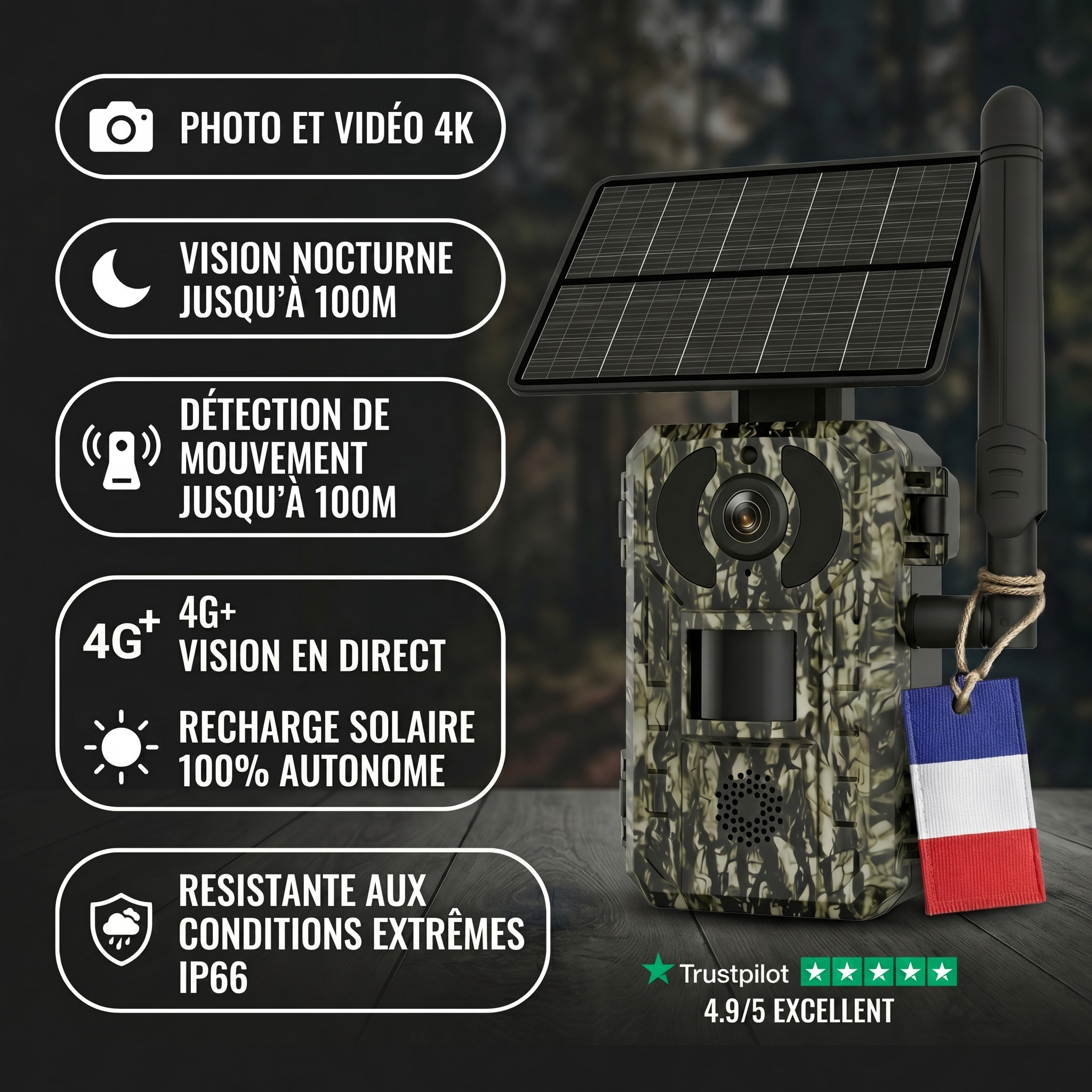 Caméra de Chasse 4G Solaire Vision Nocturne 4K