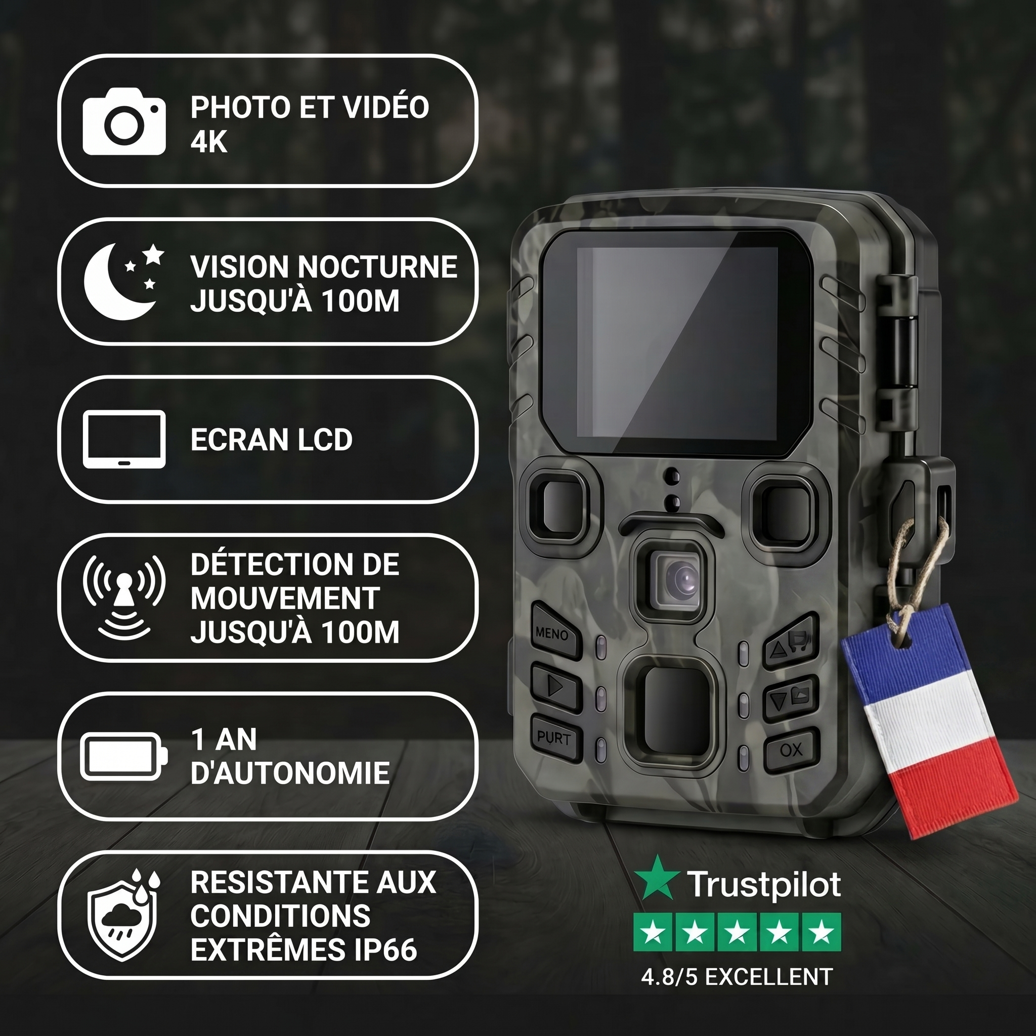 Caméra de Chasse 4K Écran LCD Vision Nocturne
