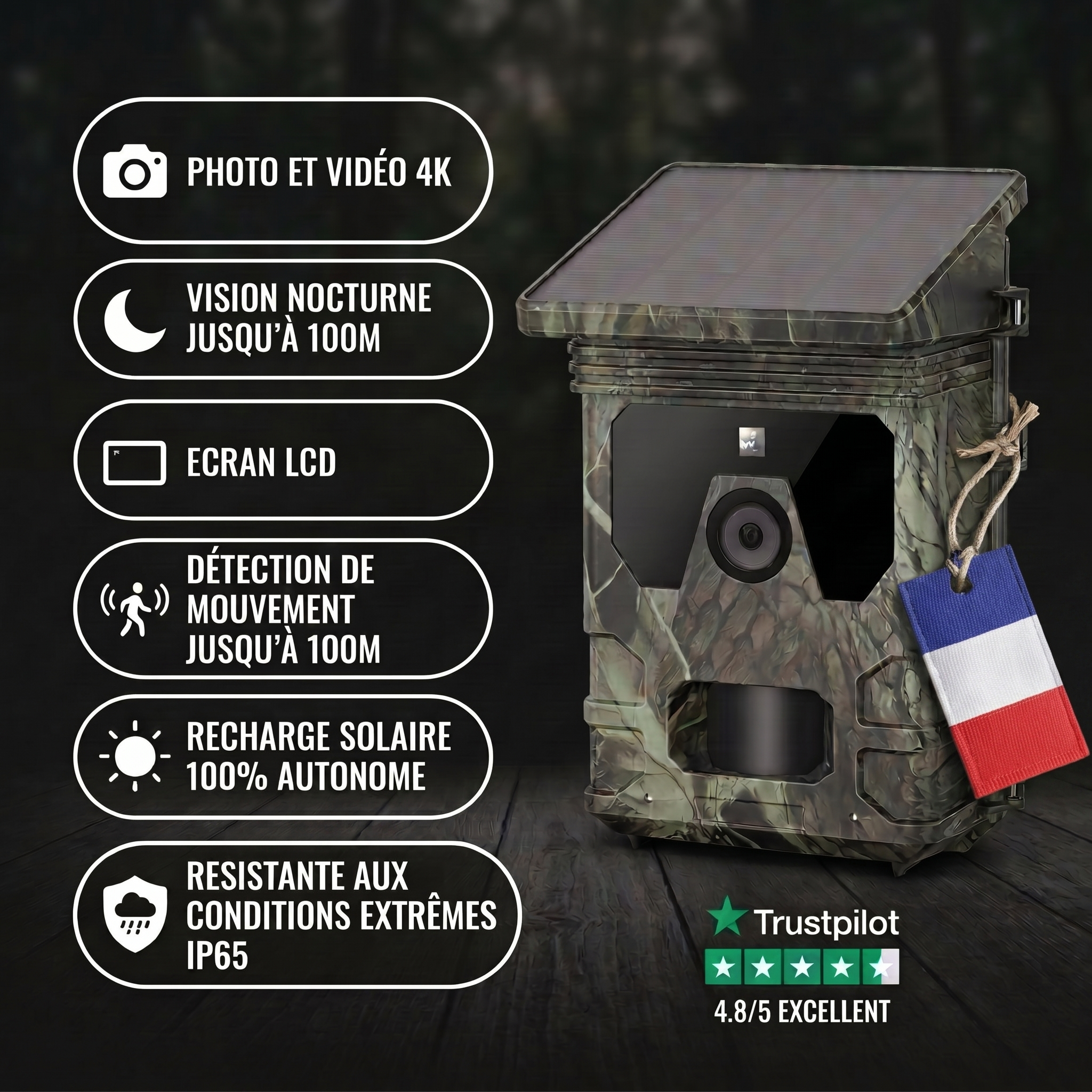 Caméra de Chasse Solaire 4K Vision Nocturne