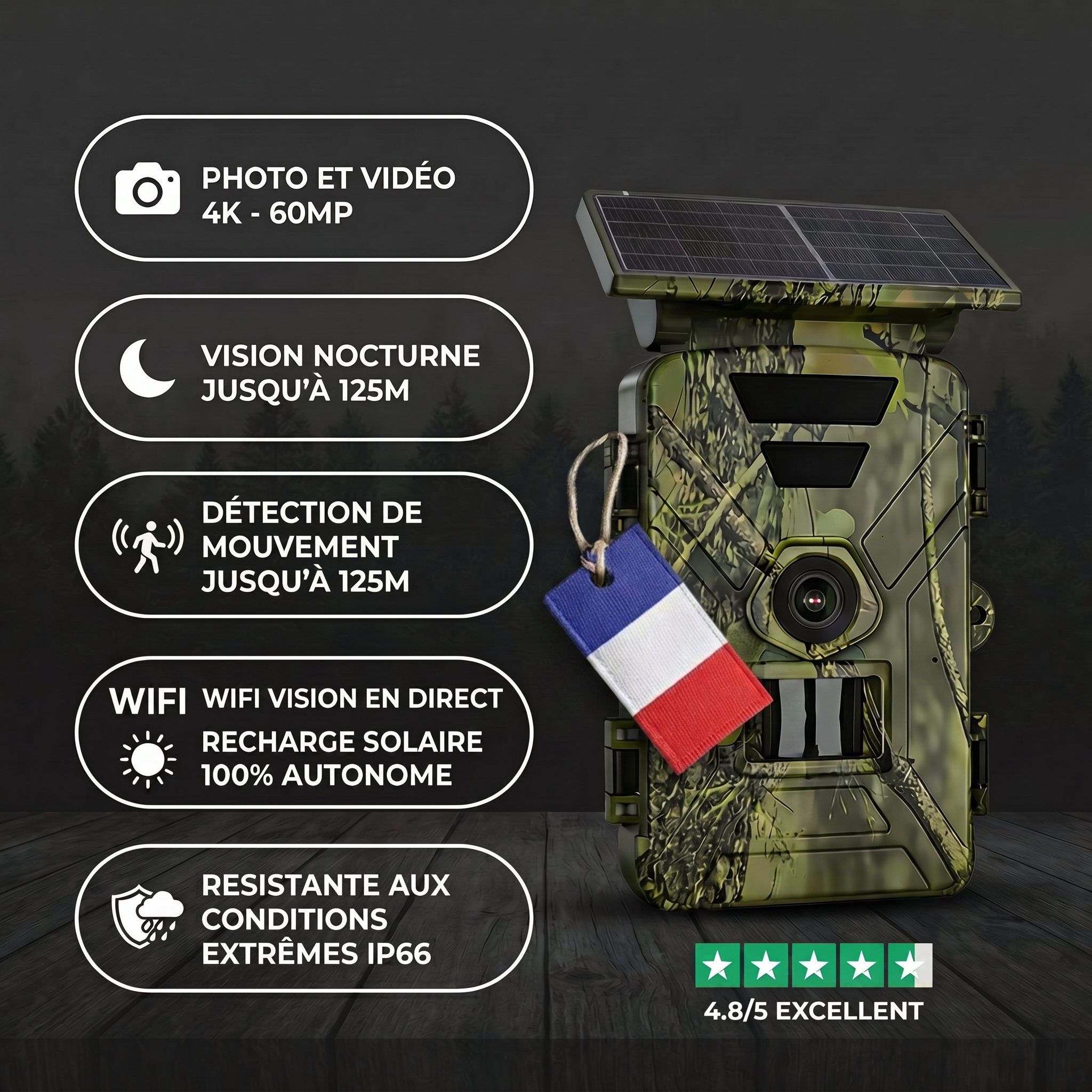 Caméra de Chasse Wifi Solaire 4K Vision Nocturne
